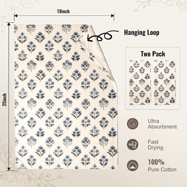 Alt view image 2 of 7 - Multi-Purpose Block Print Floral Tea Towels Set of 2, Dusty Blue | 100% Organic Cotton Flour Sack Kitchen Towels, 18x25in Absorbent Dish Cloths, Farmhouse Napkins, Decorative Hand Towels Set