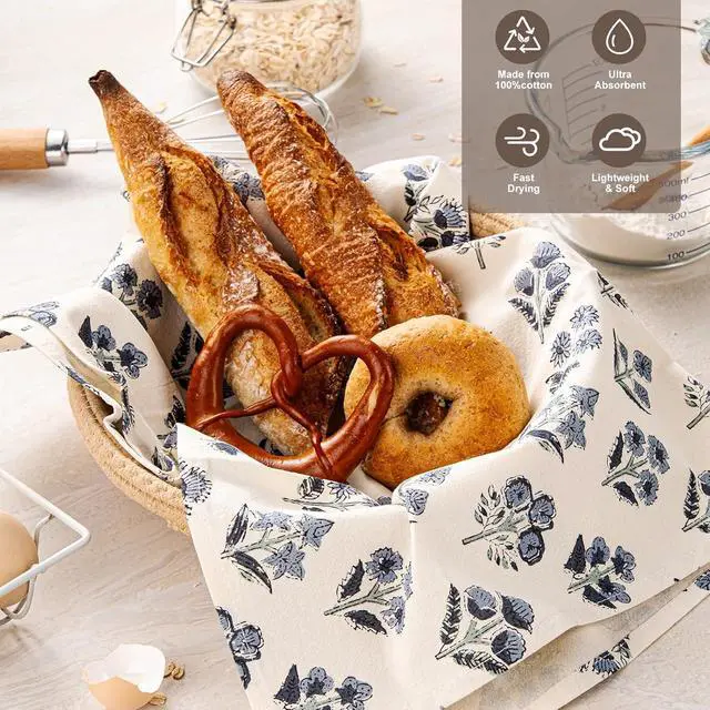 Alt view image 3 of 7 - Multi-Purpose Block Print Floral Tea Towels Set of 2, Dusty Blue | 100% Organic Cotton Flour Sack Kitchen Towels, 18x25in Absorbent Dish Cloths, Farmhouse Napkins, Decorative Hand Towels Set