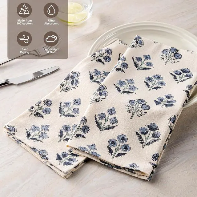 Alt view image 4 of 7 - Multi-Purpose Block Print Floral Tea Towels Set of 2, Dusty Blue | 100% Organic Cotton Flour Sack Kitchen Towels, 18x25in Absorbent Dish Cloths, Farmhouse Napkins, Decorative Hand Towels Set