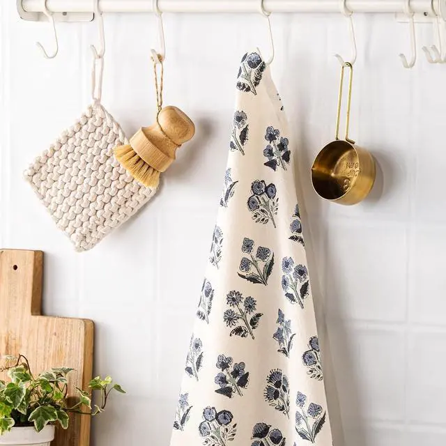 Alt view image 7 of 7 - Multi-Purpose Block Print Floral Tea Towels Set of 2, Dusty Blue | 100% Organic Cotton Flour Sack Kitchen Towels, 18x25in Absorbent Dish Cloths, Farmhouse Napkins, Decorative Hand Towels Set