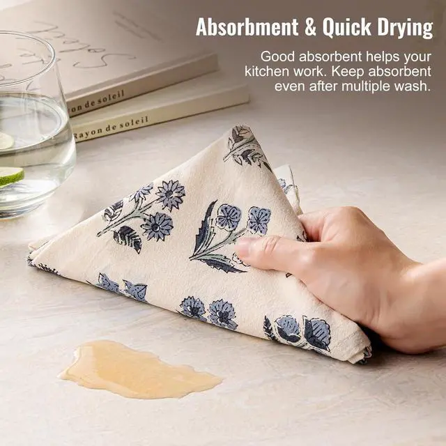 Alt view image 6 of 7 - Multi-Purpose Block Print Floral Tea Towels Set of 2, Dusty Blue | 100% Organic Cotton Flour Sack Kitchen Towels, 18x25in Absorbent Dish Cloths, Farmhouse Napkins, Decorative Hand Towels Set