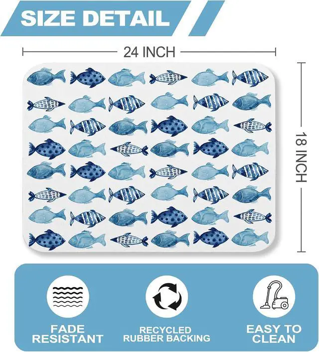 Alt view image 2 of 6 - Blue Fish Dish Drying Mat for Kitchen Counter Sink, Summer Beach Absorbent Microfiber Drying Pad, Reversible Waterproof Countertop Mat for Kitchen Decor