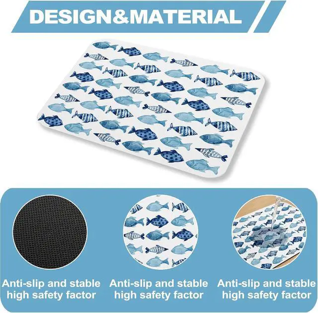 Alt view image 3 of 6 - Blue Fish Dish Drying Mat for Kitchen Counter Sink, Summer Beach Absorbent Microfiber Drying Pad, Reversible Waterproof Countertop Mat for Kitchen Decor