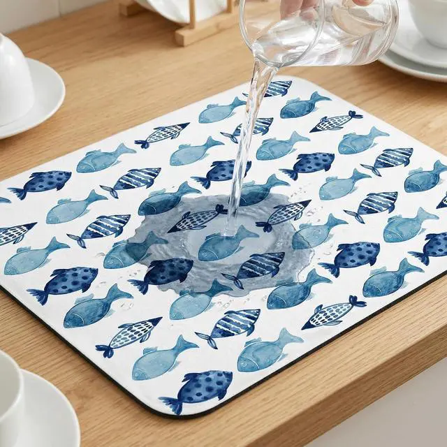 Alt view image 4 of 6 - Blue Fish Dish Drying Mat for Kitchen Counter Sink, Summer Beach Absorbent Microfiber Drying Pad, Reversible Waterproof Countertop Mat for Kitchen Decor