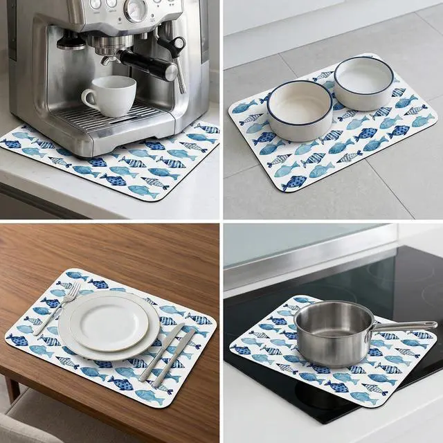 Alt view image 5 of 6 - Blue Fish Dish Drying Mat for Kitchen Counter Sink, Summer Beach Absorbent Microfiber Drying Pad, Reversible Waterproof Countertop Mat for Kitchen Decor