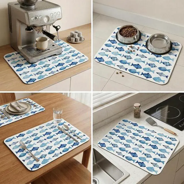 Alt view image 6 of 6 - Blue Fish Dish Drying Mat for Kitchen Counter Sink, Summer Beach Absorbent Microfiber Drying Pad, Reversible Waterproof Countertop Mat for Kitchen Decor