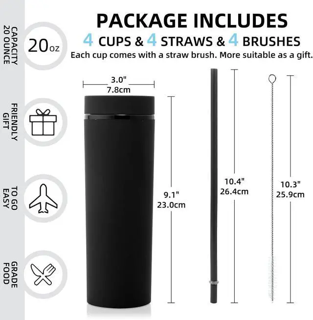 Alt view image 2 of 7 - Volhoply 20oz Plastic Skinny Tumbler,Double Wall Tumblers with Lid and Straw,Reusable Travel Iced Coffee Mug,BPA Free Matte Acrylic Water Cups With Straw for Parties,DIY Gifts(Black,1 Set