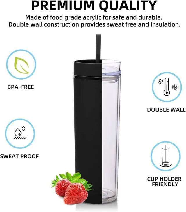 Alt view image 3 of 7 - Volhoply 20oz Plastic Skinny Tumbler,Double Wall Tumblers with Lid and Straw,Reusable Travel Iced Coffee Mug,BPA Free Matte Acrylic Water Cups With Straw for Parties,DIY Gifts(Black,1 Set