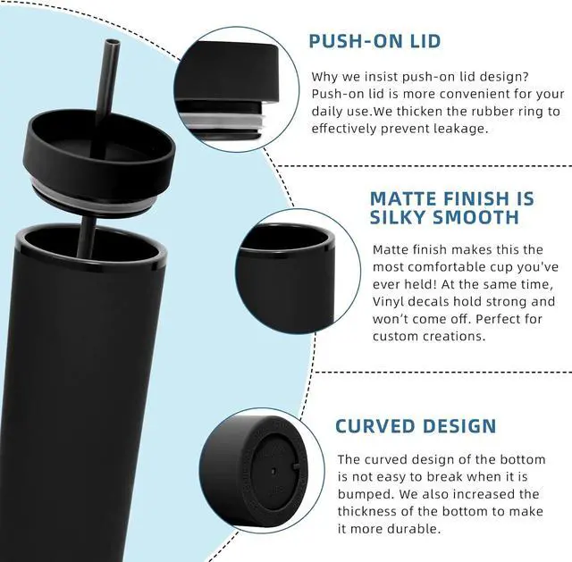 Alt view image 4 of 7 - Volhoply 20oz Plastic Skinny Tumbler,Double Wall Tumblers with Lid and Straw,Reusable Travel Iced Coffee Mug,BPA Free Matte Acrylic Water Cups With Straw for Parties,DIY Gifts(Black,1 Set