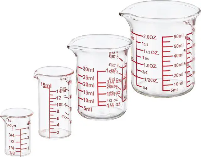 Main image of Ackers BORO3.3 Mini Borosilicate Glass Measuring Cup Set, 4-Piece, 5-60 ml | Nesting beaker cups with red scales across ml, oz, tsp, tbsp and cup units, plus V-shaped spouts for kitchen and drink prep