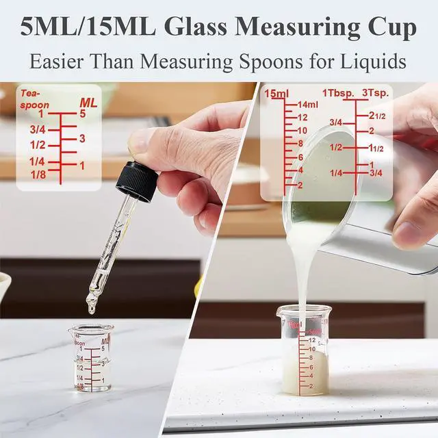 Alt view image 2 of 7 - Ackers BORO3.3 Mini Borosilicate Glass Measuring Cup Set, 4-Piece, 5-60 ml | Nesting beaker cups with red scales across ml, oz, tsp, tbsp and cup units, plus V-shaped spouts for kitchen and drink prep