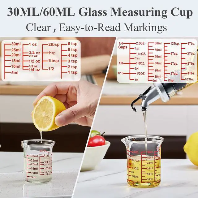Alt view image 3 of 7 - Ackers BORO3.3 Mini Borosilicate Glass Measuring Cup Set, 4-Piece, 5-60 ml | Nesting beaker cups with red scales across ml, oz, tsp, tbsp and cup units, plus V-shaped spouts for kitchen and drink prep