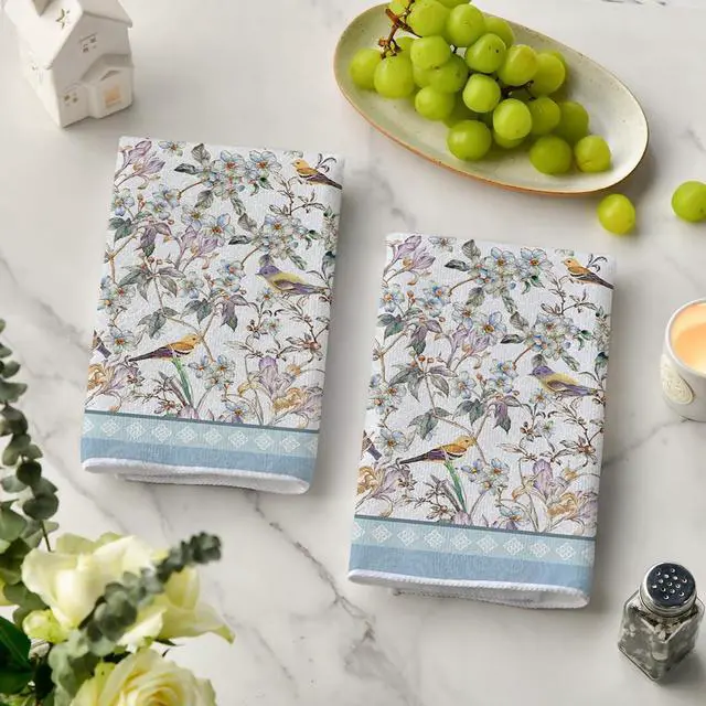 Alt view image 3 of 6 - Artoid Mode Blue Retro Floral Bird Kitchen Towels Dish Towels, 18x26 Inch Farmhouse Spring Decoration Cleaning Set of 2