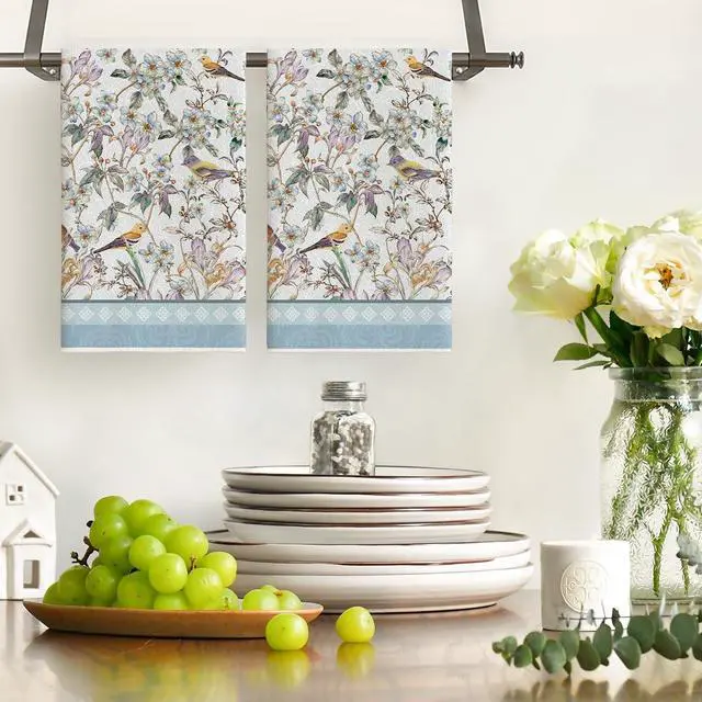Alt view image 2 of 6 - Artoid Mode Blue Retro Floral Bird Kitchen Towels Dish Towels, 18x26 Inch Farmhouse Spring Decoration Cleaning Set of 2