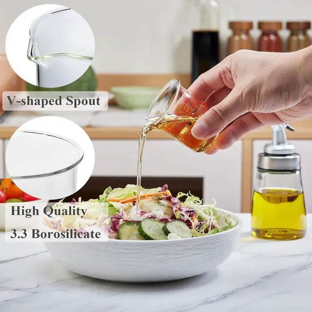 Alt view image 4 of 7 - Ackers BORO3.3 Mini Borosilicate Glass Measuring Cup Set, 4-Piece, 5-60 ml | Nesting beaker cups with red scales across ml, oz, tsp, tbsp and cup units, plus V-shaped spouts for kitchen and drink prep