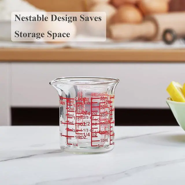 Alt view image 6 of 7 - Ackers BORO3.3 Mini Borosilicate Glass Measuring Cup Set, 4-Piece, 5-60 ml | Nesting beaker cups with red scales across ml, oz, tsp, tbsp and cup units, plus V-shaped spouts for kitchen and drink prep