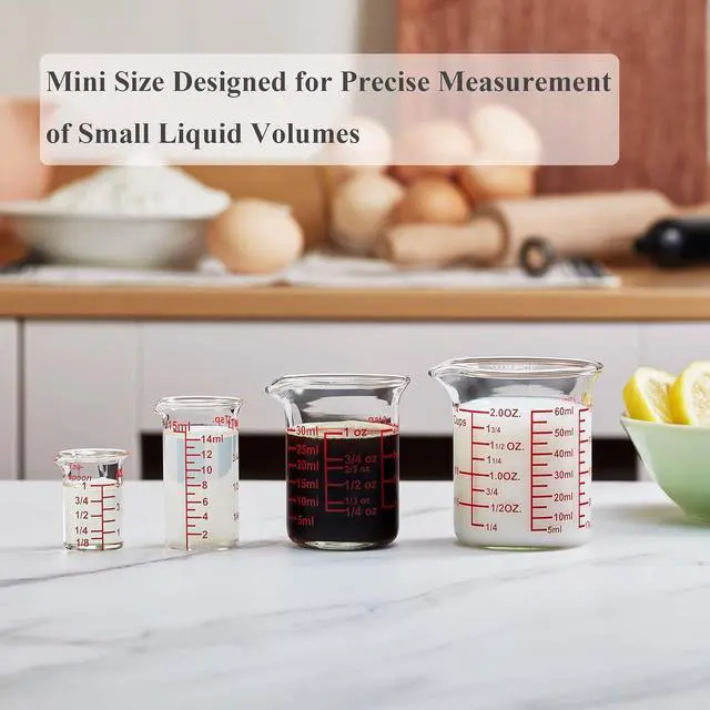 Alt view image 7 of 7 - Ackers BORO3.3 Mini Borosilicate Glass Measuring Cup Set, 4-Piece, 5-60 ml | Nesting beaker cups with red scales across ml, oz, tsp, tbsp and cup units, plus V-shaped spouts for kitchen and drink prep