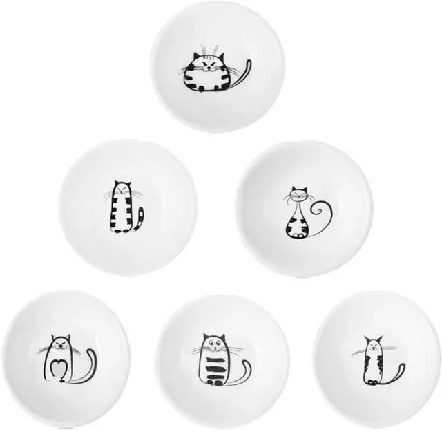 Main image of Cute Cat Ceramic Side Sauce Dishes, Mini Round Shape Dip Dish | Sushi Soy Dipping Bowl,Serving Saucers Seasoning Dishes, Meow Porcelain Small Tea Bag Holder Set of 6