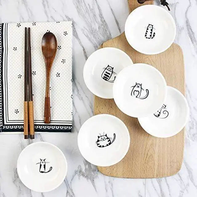Alt view image 2 of 5 - Cute Cat Ceramic Side Sauce Dishes, Mini Round Shape Dip Dish | Sushi Soy Dipping Bowl,Serving Saucers Seasoning Dishes, Meow Porcelain Small Tea Bag Holder Set of 6