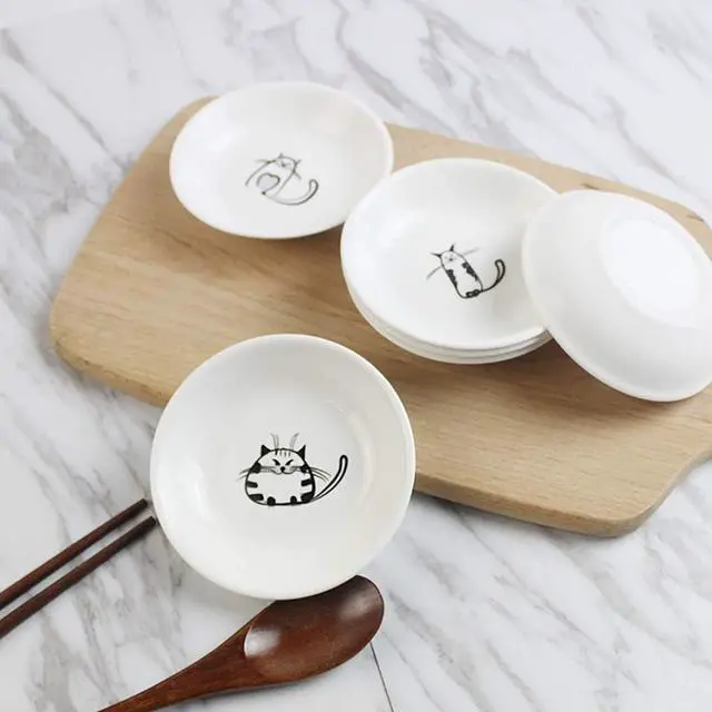 Alt view image 4 of 5 - Cute Cat Ceramic Side Sauce Dishes, Mini Round Shape Dip Dish | Sushi Soy Dipping Bowl,Serving Saucers Seasoning Dishes, Meow Porcelain Small Tea Bag Holder Set of 6