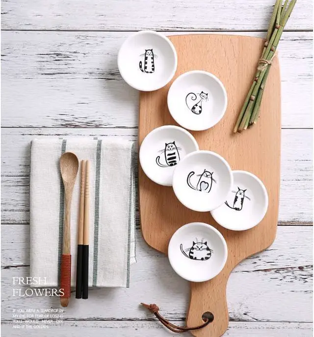 Alt view image 5 of 5 - Cute Cat Ceramic Side Sauce Dishes, Mini Round Shape Dip Dish | Sushi Soy Dipping Bowl,Serving Saucers Seasoning Dishes, Meow Porcelain Small Tea Bag Holder Set of 6