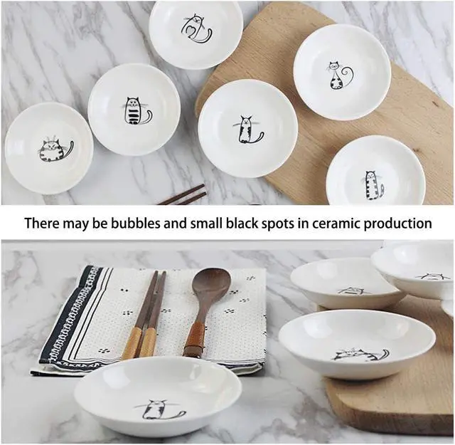 Alt view image 3 of 5 - Cute Cat Ceramic Side Sauce Dishes, Mini Round Shape Dip Dish | Sushi Soy Dipping Bowl,Serving Saucers Seasoning Dishes, Meow Porcelain Small Tea Bag Holder Set of 6