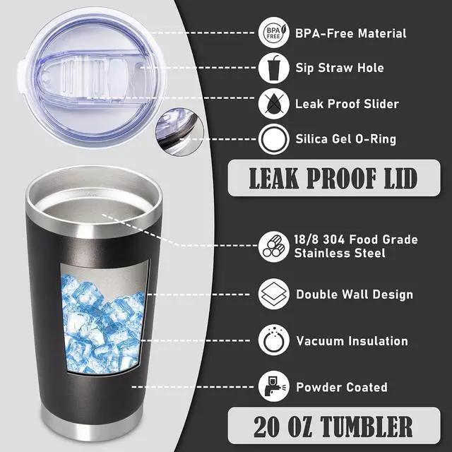 Alt view image 3 of 7 - 20oz Tumbler Insulated Coffee Tumblers with Lid Stainless Steel Black 1P | 20 oz Tumblers Double Wall Insulated Vacuum 20oz Coffee Mug Leak Proof Tumblers with Lid Powder Coated - Black 1 Pack