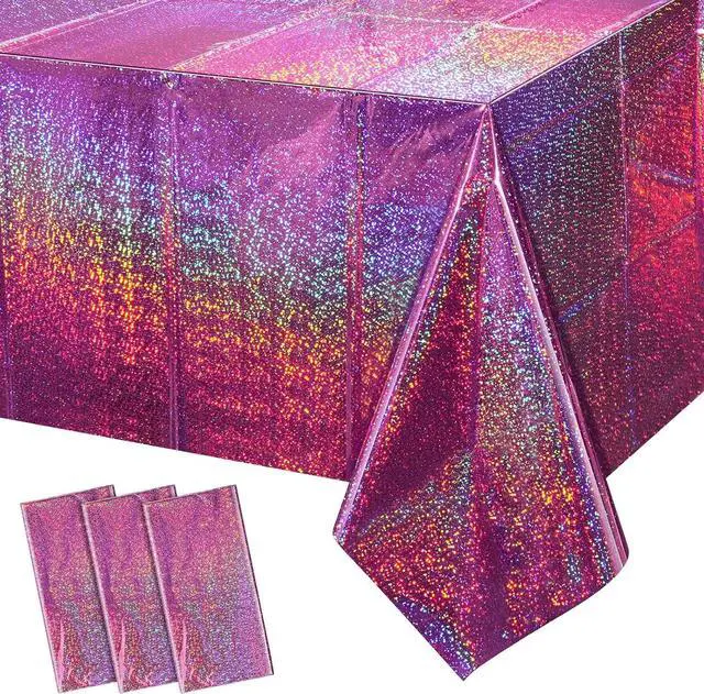 Main image of FunnyPars 3 Pack Pink Iridescent Table Cloth for Parties, Pink Plastic Shiny Laser Table Covers, Disposable Holographic Foil Tablecloth Iridescent Party Decorations for Girl Birthday Wedding, 54x108