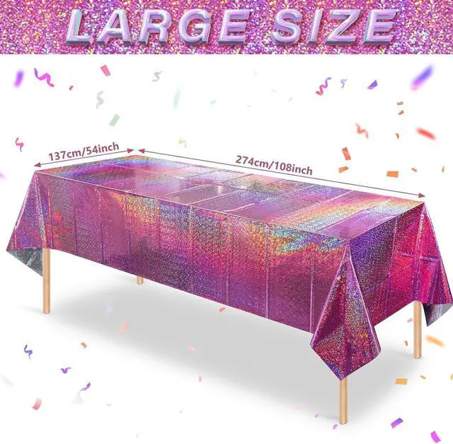 Alt view image 2 of 7 - FunnyPars 3 Pack Pink Iridescent Table Cloth for Parties, Pink Plastic Shiny Laser Table Covers, Disposable Holographic Foil Tablecloth Iridescent Party Decorations for Girl Birthday Wedding, 54x108