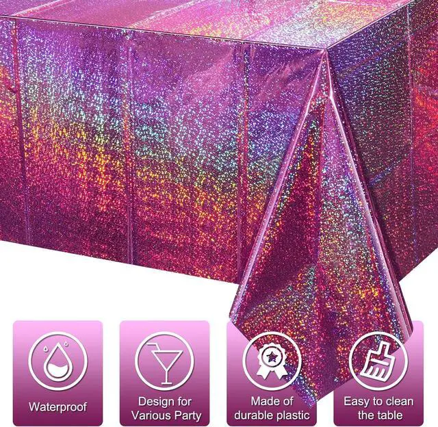 Alt view image 3 of 7 - FunnyPars 3 Pack Pink Iridescent Table Cloth for Parties, Pink Plastic Shiny Laser Table Covers, Disposable Holographic Foil Tablecloth Iridescent Party Decorations for Girl Birthday Wedding, 54x108