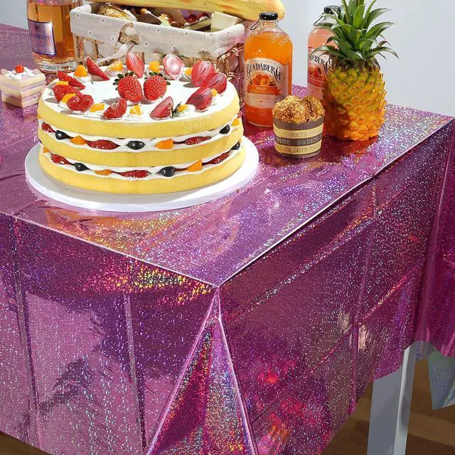 Alt view image 5 of 7 - FunnyPars 3 Pack Pink Iridescent Table Cloth for Parties, Pink Plastic Shiny Laser Table Covers, Disposable Holographic Foil Tablecloth Iridescent Party Decorations for Girl Birthday Wedding, 54x108