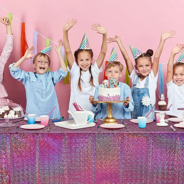 Alt view image 6 of 7 - FunnyPars 3 Pack Pink Iridescent Table Cloth for Parties, Pink Plastic Shiny Laser Table Covers, Disposable Holographic Foil Tablecloth Iridescent Party Decorations for Girl Birthday Wedding, 54x108