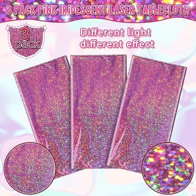 Alt view image 4 of 7 - FunnyPars 3 Pack Pink Iridescent Table Cloth for Parties, Pink Plastic Shiny Laser Table Covers, Disposable Holographic Foil Tablecloth Iridescent Party Decorations for Girl Birthday Wedding, 54x108