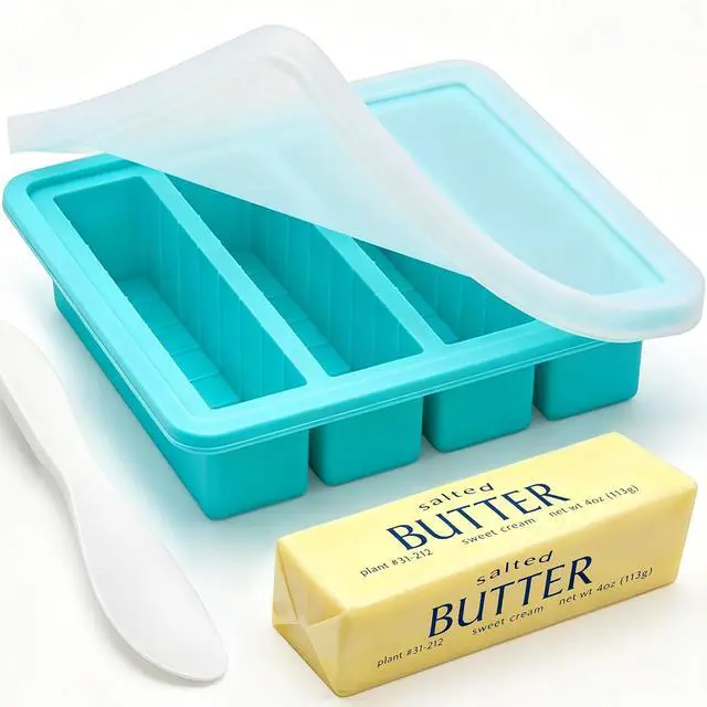 Main image of CAKETIME Silicone Butter Mold with Stainless Steel Frame & Spatula | 4 Oz Standard Butter Stick Mold with Lid, Nonstick Silicone Butter Mold for Homemade Butter, Aqua, 1Pack, 1Spatula