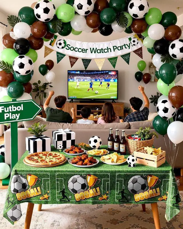 Alt view image 6 of 7 - Pureegg Soccer Party Decorations 2026 Plastic Tablecloth | Soccer Birthday Party, Sports Theme, Green White Decor, Rectangle Table Cover