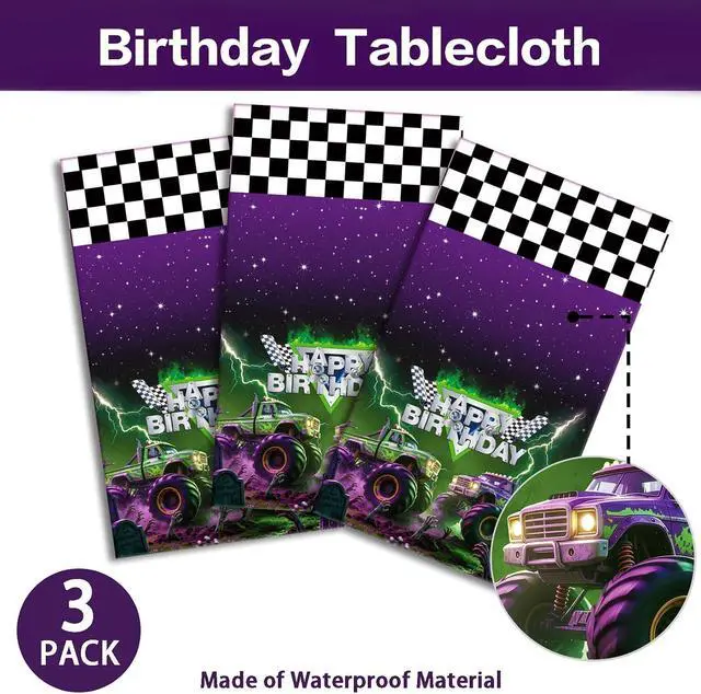 Alt view image 2 of 7 - 3pcs Monster Truck Tablecloths Party Supplies Monster Truck Party Plastic | Disposable Rectangular Watercolor Table Cover Kids Boys Birthday Decorations 54"x108"