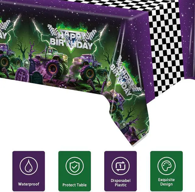 Alt view image 4 of 7 - 3pcs Monster Truck Tablecloths Party Supplies Monster Truck Party Plastic | Disposable Rectangular Watercolor Table Cover Kids Boys Birthday Decorations 54"x108"