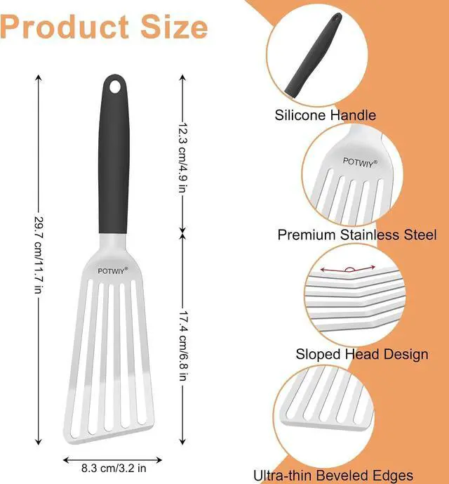 Alt view image 2 of 6 - Fish Spatula Stainless Steel, Slotted Turner with Silicone Handle and Curved Blade, Metal Spatula for Cast Iron Skillet, Kitchen Cooking Flipper for Fish, Egg and Burger, 11.7 Inch