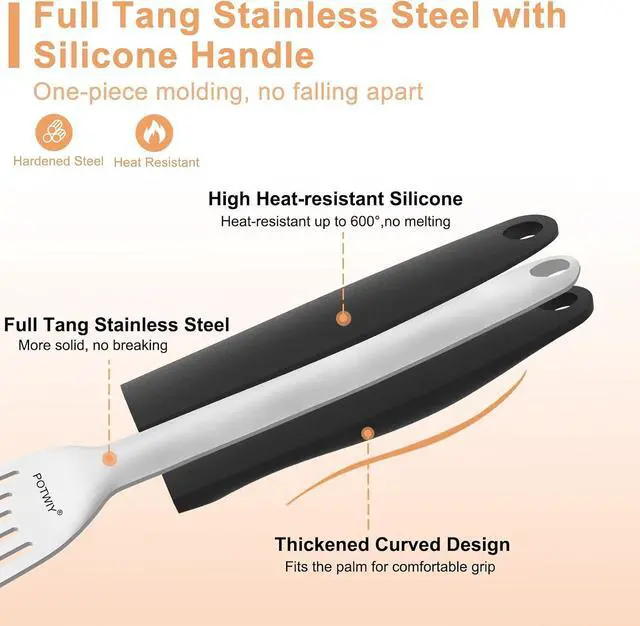 Alt view image 3 of 6 - Fish Spatula Stainless Steel, Slotted Turner with Silicone Handle and Curved Blade, Metal Spatula for Cast Iron Skillet, Kitchen Cooking Flipper for Fish, Egg and Burger, 11.7 Inch