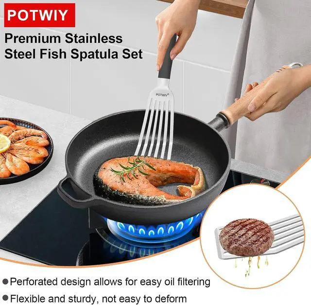 Alt view image 4 of 6 - Fish Spatula Stainless Steel, Slotted Turner with Silicone Handle and Curved Blade, Metal Spatula for Cast Iron Skillet, Kitchen Cooking Flipper for Fish, Egg and Burger, 11.7 Inch