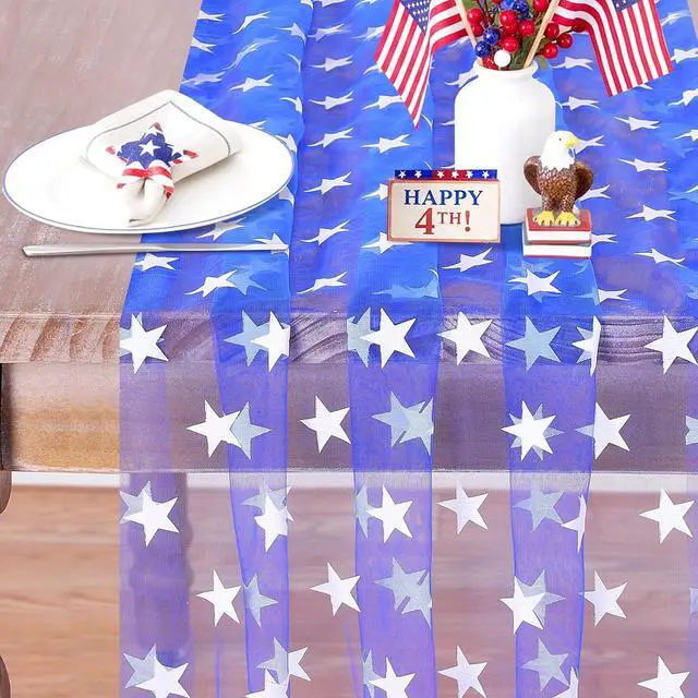 Main image of B-COOL Blue Gauze Table Runner White Stars Table Fabric 10FT | Sheer Dining Wedding Holiday Tulle Table Decor for Home Party 29x120Inch