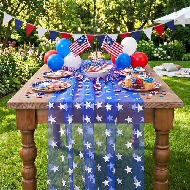 Alt view image 3 of 7 - B-COOL Blue Gauze Table Runner White Stars Table Fabric 10FT | Sheer Dining Wedding Holiday Tulle Table Decor for Home Party 29x120Inch