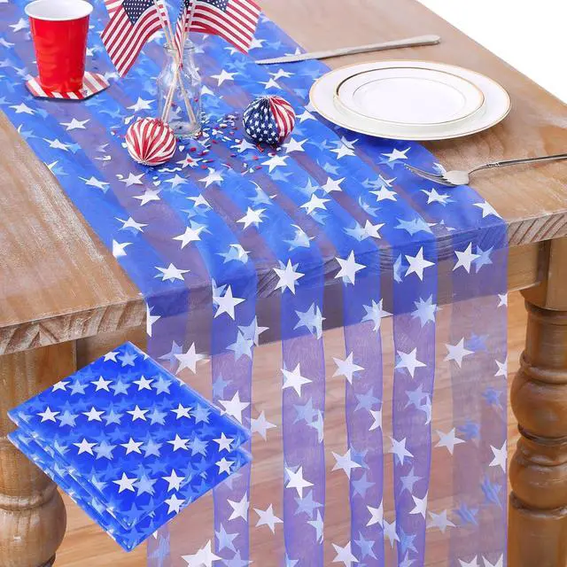 Alt view image 2 of 7 - B-COOL Blue Gauze Table Runner White Stars Table Fabric 10FT | Sheer Dining Wedding Holiday Tulle Table Decor for Home Party 29x120Inch
