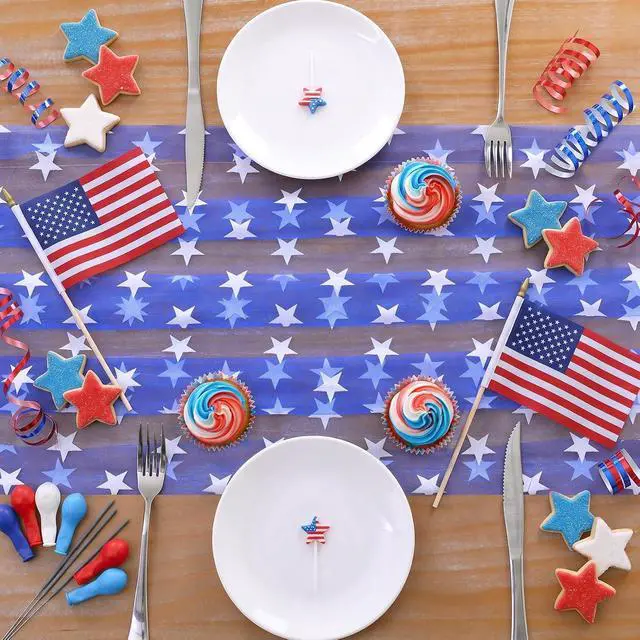Alt view image 4 of 7 - B-COOL Blue Gauze Table Runner White Stars Table Fabric 10FT | Sheer Dining Wedding Holiday Tulle Table Decor for Home Party 29x120Inch
