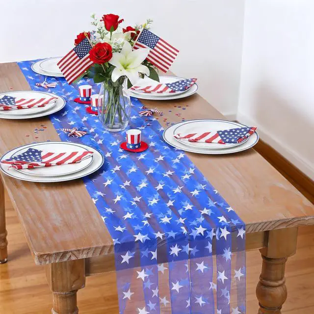 Alt view image 5 of 7 - B-COOL Blue Gauze Table Runner White Stars Table Fabric 10FT | Sheer Dining Wedding Holiday Tulle Table Decor for Home Party 29x120Inch