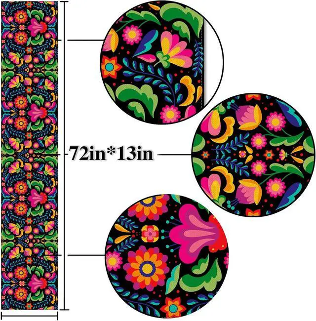 Alt view image 2 of 5 - Nepnuser Mexican Fiesta Table Runner Dia De Los Muertos Decorations Cinco De Mayo Rustic Linen Home Dining Room Kitchen Table Decor 72 Inches Long