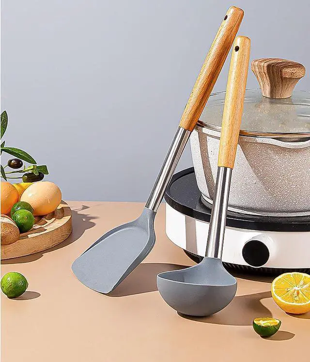Alt view image 6 of 7 - Silicone Spatula Shovel, 14 Inch Gray Turner High Temperature Resistance with Wooden Handle for Cooking and Fried (1)
