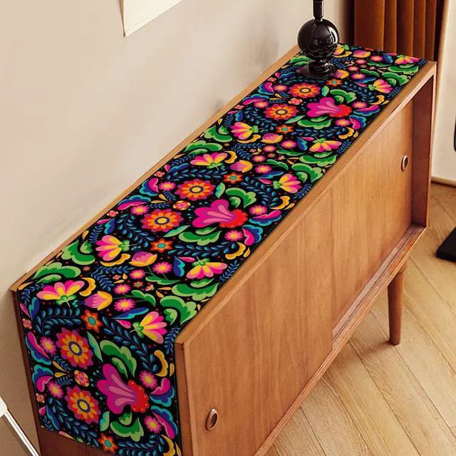 Alt view image 4 of 5 - Nepnuser Mexican Fiesta Table Runner Dia De Los Muertos Decorations Cinco De Mayo Rustic Linen Home Dining Room Kitchen Table Decor 72 Inches Long