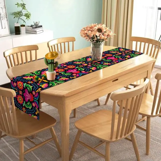 Alt view image 5 of 5 - Nepnuser Mexican Fiesta Table Runner Dia De Los Muertos Decorations Cinco De Mayo Rustic Linen Home Dining Room Kitchen Table Decor 72 Inches Long