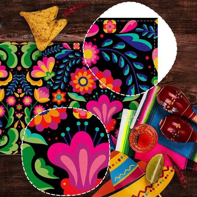 Alt view image 3 of 5 - Nepnuser Mexican Fiesta Table Runner Dia De Los Muertos Decorations Cinco De Mayo Rustic Linen Home Dining Room Kitchen Table Decor 72 Inches Long